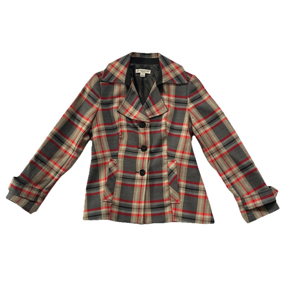 Pendleton Petite 100% Virgin Wool Plaid Notch Lapel Office Blazer Red Gray Sz 2